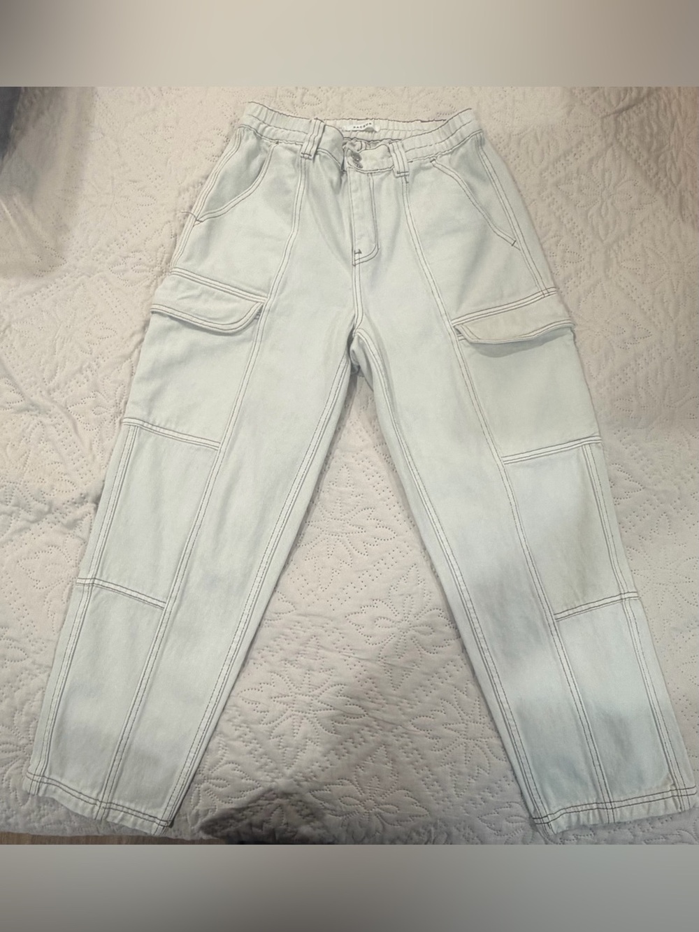 PacSun Elastic Waist Cargo Pants Cream Brown Contrast Stitch Size M - Picture 2 of 15